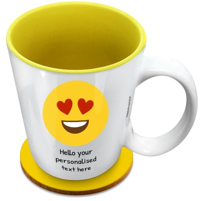 (XL 15oz Yellow) - Love Heart Eyes (Personalised with Text) with 1 matching Circular Coaster