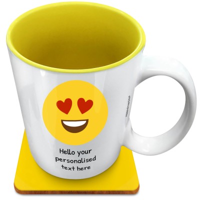 (XL 15oz Yellow) - Love Heart Eyes (Personalised with Text) with 1 matching Square Coaster