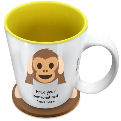 (XL 15oz Yellow) - Hear no Evil Monkey (Personalised with Text) with 1 matching Circular Coaster