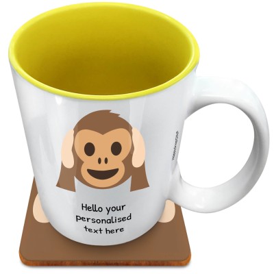 (XL 15oz Yellow) - Hear no Evil Monkey (Personalised with Text) with 1 matching Square Coaster