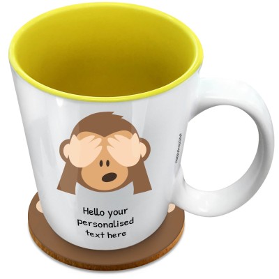 (XL 15oz Yellow) - See no Evil Monkey (Personalised with Text) with 1 matching Circular Coaster