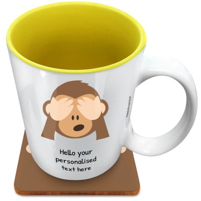 (XL 15oz Yellow) - See no Evil Monkey (Personalised with Text) with 1 matching Square Coaster