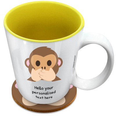(XL 15oz Yellow) - Speak no Evil Monkey (Personalised with Text) with 1 matching Circular Coaster