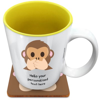 (XL 15oz Yellow) - Speak no Evil Monkey (Personalised with Text) with 1 matching Square Coaster