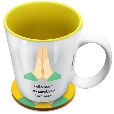 (XL 15oz Yellow) - Praying Hands (Personalised with Text) with 1 matching Circular Coaster