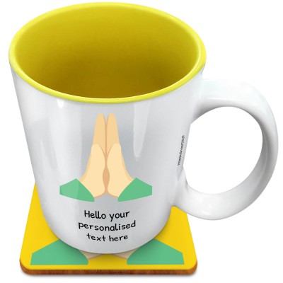 (XL 15oz Yellow) - Praying Hands (Personalised with Text) with 1 matching Square Coaster