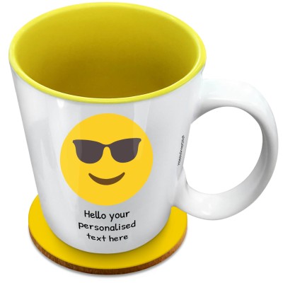 (XL 15oz Yellow) - Sunglasses (Personalised with Text) with 1 matching Circular Coaster