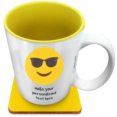 (XL 15oz Yellow) - Sunglasses (Personalised with Text) with 1 matching Square Coaster