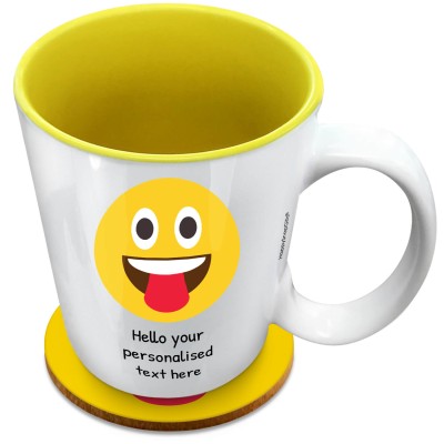 (XL 15oz Yellow) - Tongue Out (Personalised with Text) with 1 matching Circular Coaster