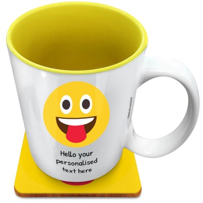 (XL 15oz Yellow) - Tongue Out (Personalised with Text) with 1 matching Square Coaster