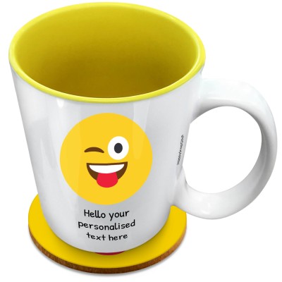 (XL 15oz Yellow) - Tongue with a Wink (Personalised with Text) with 1 matching Circular Coaster