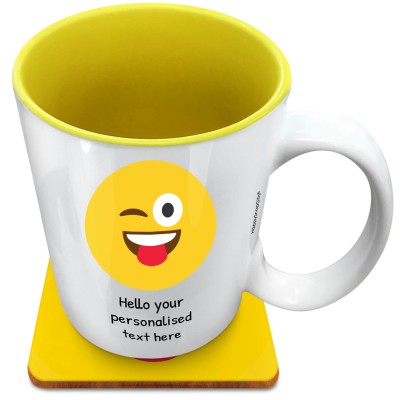 (XL 15oz Yellow) - Tongue with a Wink (Personalised with Text) with 1 matching Square Coaster