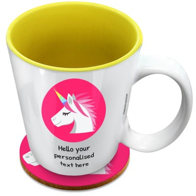 (XL 15oz Yellow) - Unicorn (Personalised with Text) with 1 matching Circular Coaster
