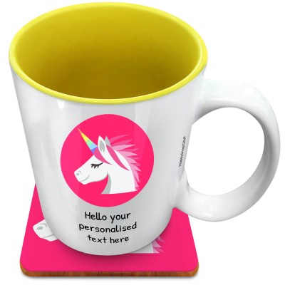 (XL 15oz Yellow) - Unicorn (Personalised with Text) with 1 matching Square Coaster