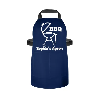 (70cm x 55cm) - with BBQ Icon - Navy Blue Cotton Fabric (Personalised with Name) and Matching Fabric Pocket