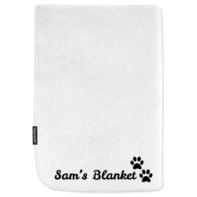 (100cm x 70cm) with Dog Paws Icon - White Fleece Fabric (Personalised with Text)