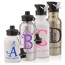 School Water-Bottles in White and Silver 600ml and 400ml with Screw Cap and Straw with Alphabet Theme Personalised with Text