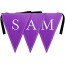 - 5 Metres with 12 Triangle Flags (28cm) with Floral Border Purple Mock Suede Polyester Fabric (Personalised with Text)